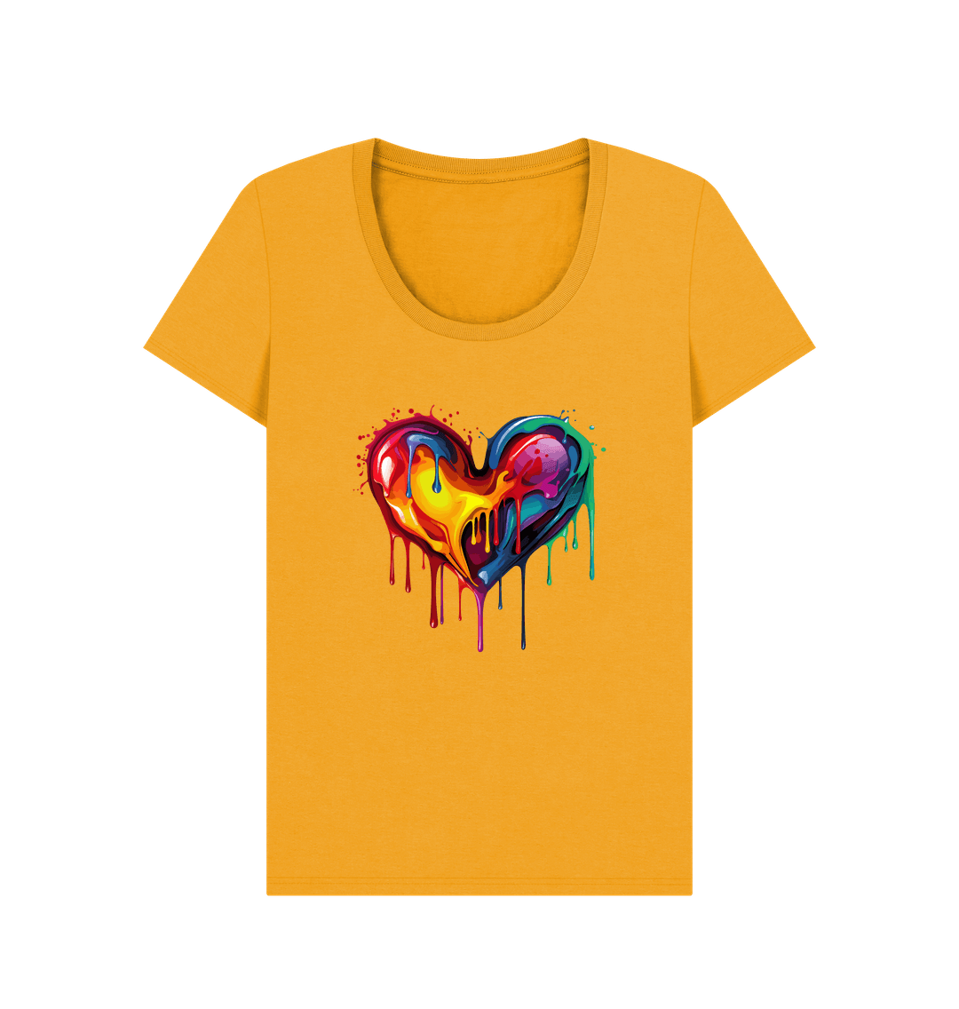 Yellow t-shirt with colorful dripping heart design