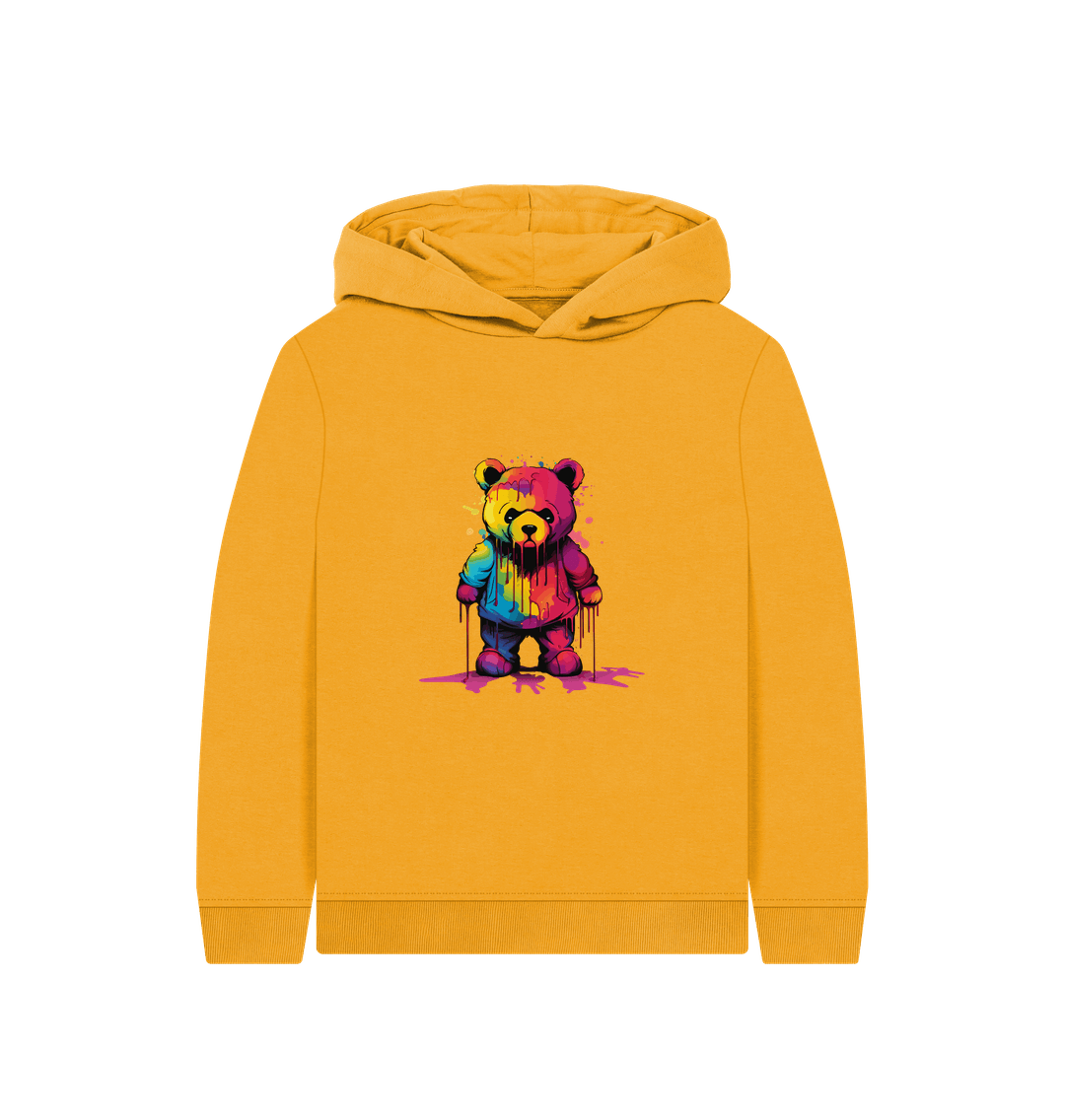Yellow hoodie with colorful bear graphic