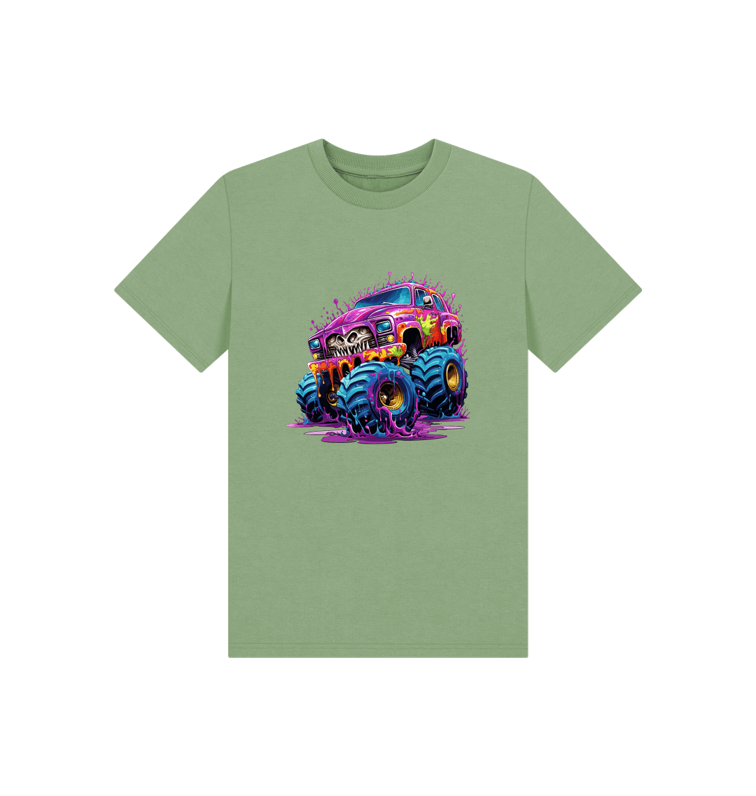 Green t-shirt with monster truck graphic