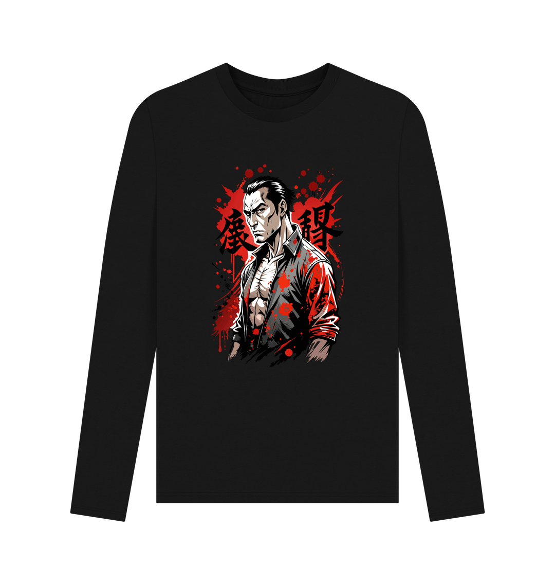 Black long-sleeved t-shirt with graphic design