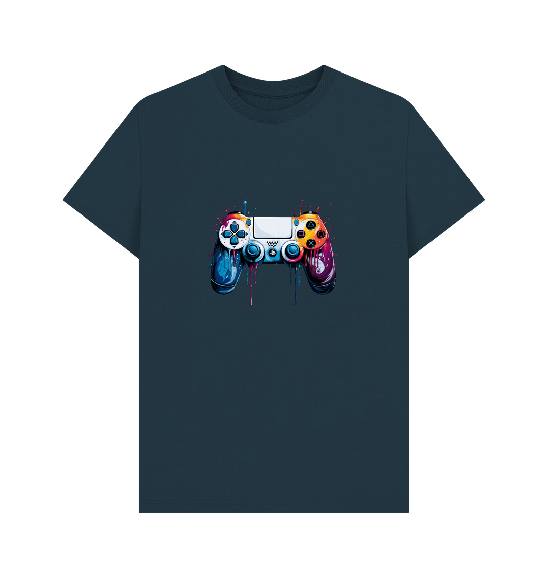 Dark blue t-shirt with colorful game controller graphic