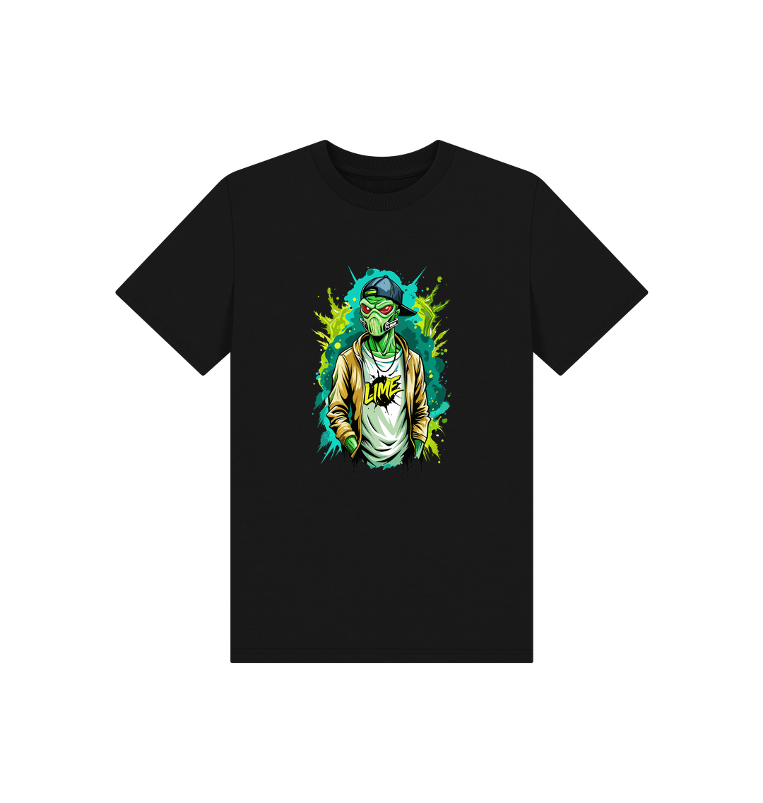 Black t-shirt with green alien character