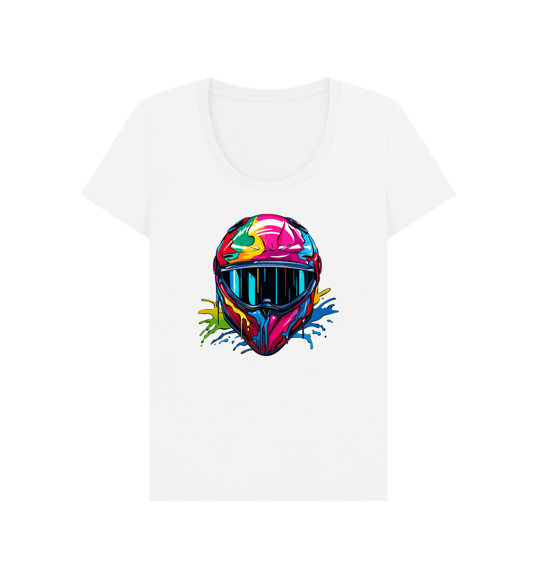 White t-shirt with colorful motorcycle helmet graphic