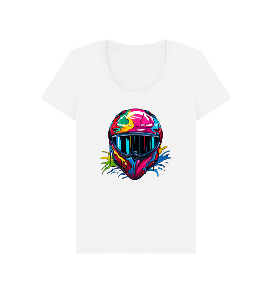 White t-shirt with colorful motorcycle helmet graphic