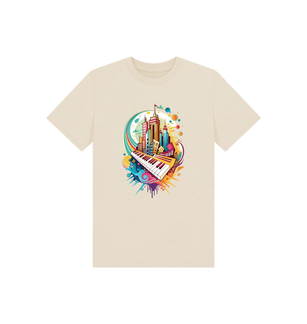 Cream t-shirt with colorful cityscape and piano graphic
