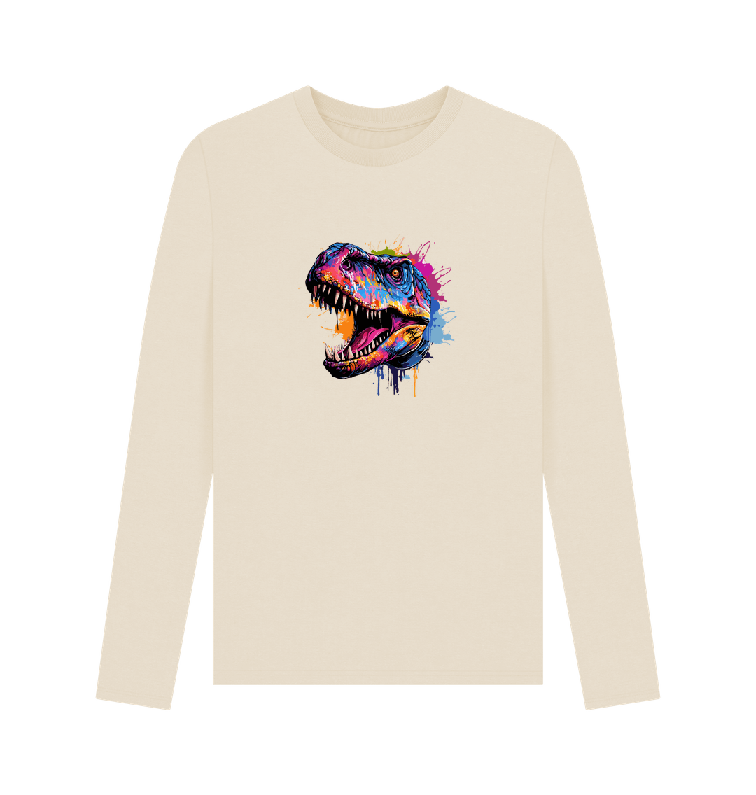 Cream long-sleeved t-shirt with colorful dinosaur graphic