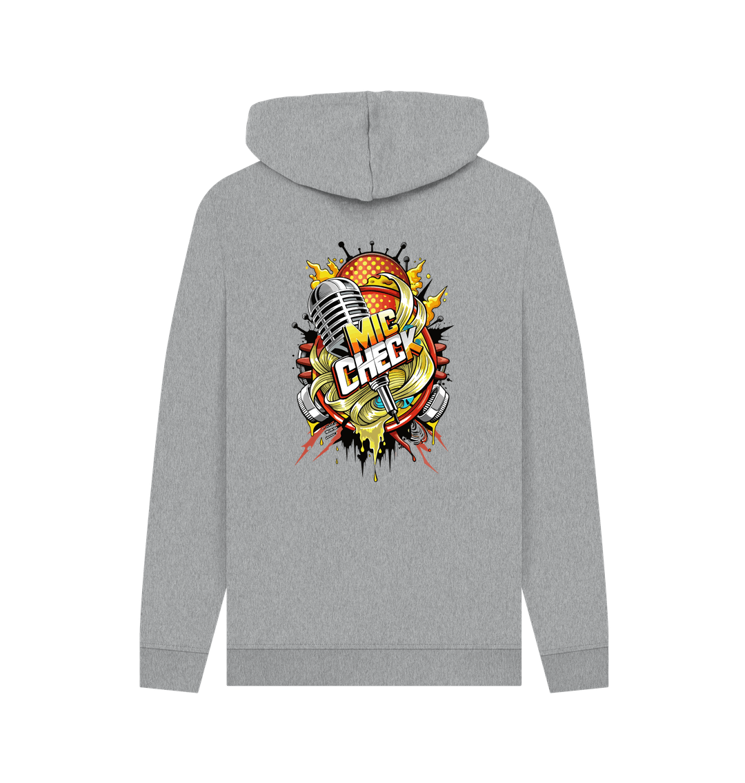 Gray hoodie with "MIC CHECK" graphic