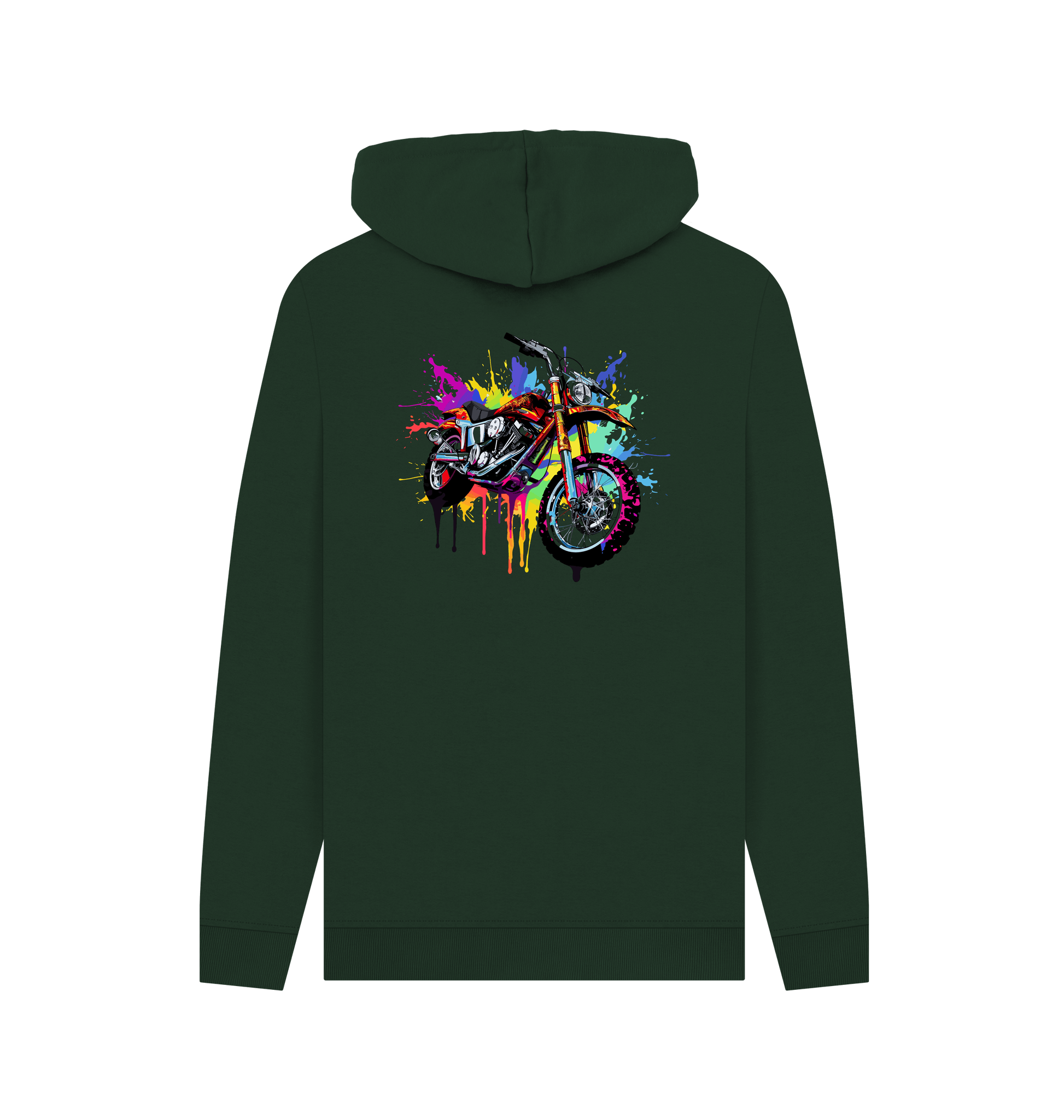 Dark green hoodie with colorful motorcycle graphic