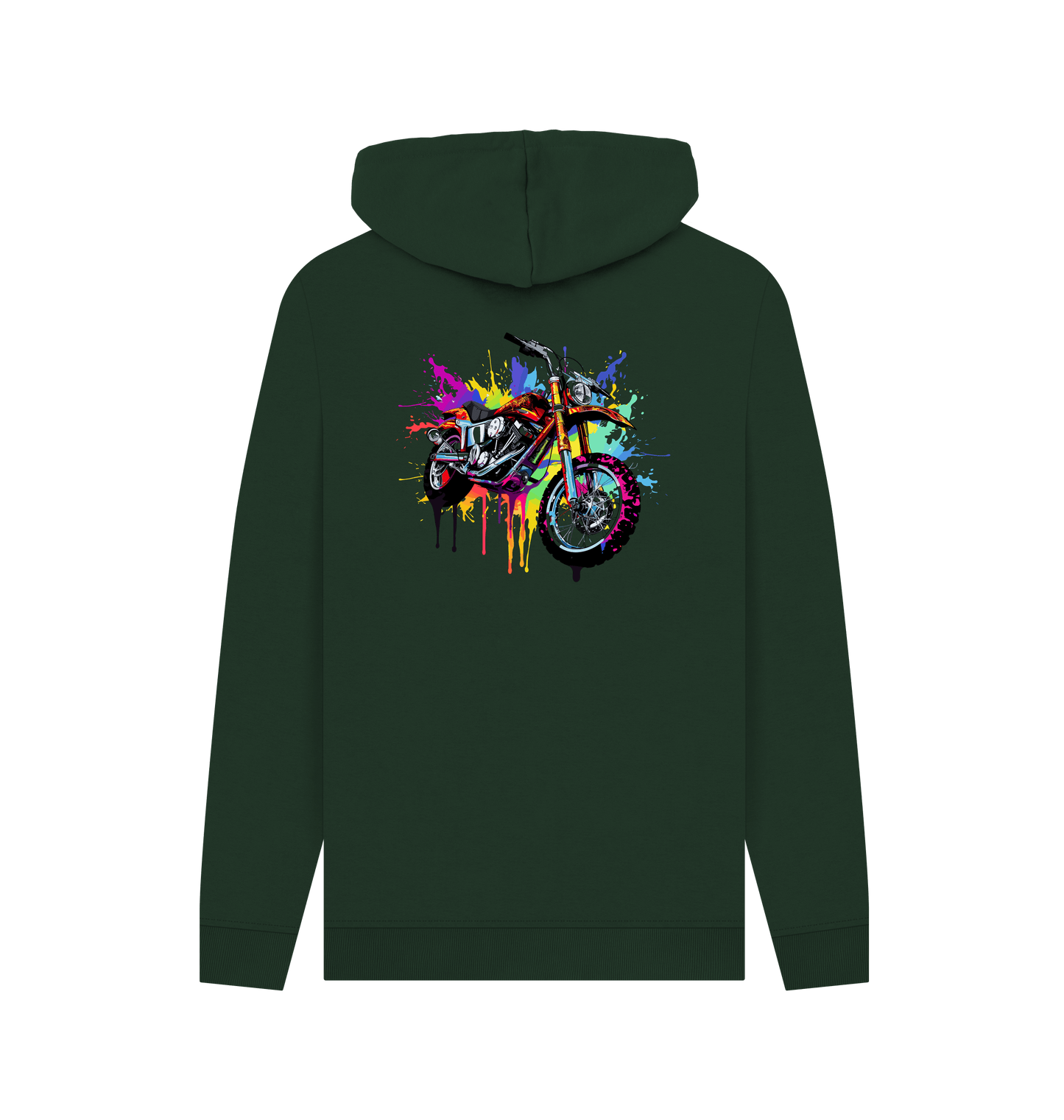 Dark green hoodie with colorful motorcycle graphic