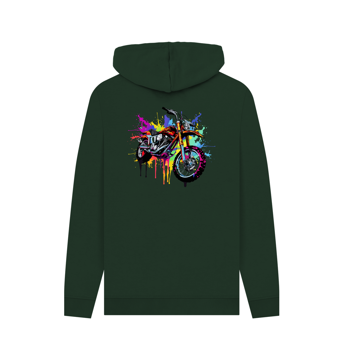 Dark green hoodie with colorful motorcycle graphic