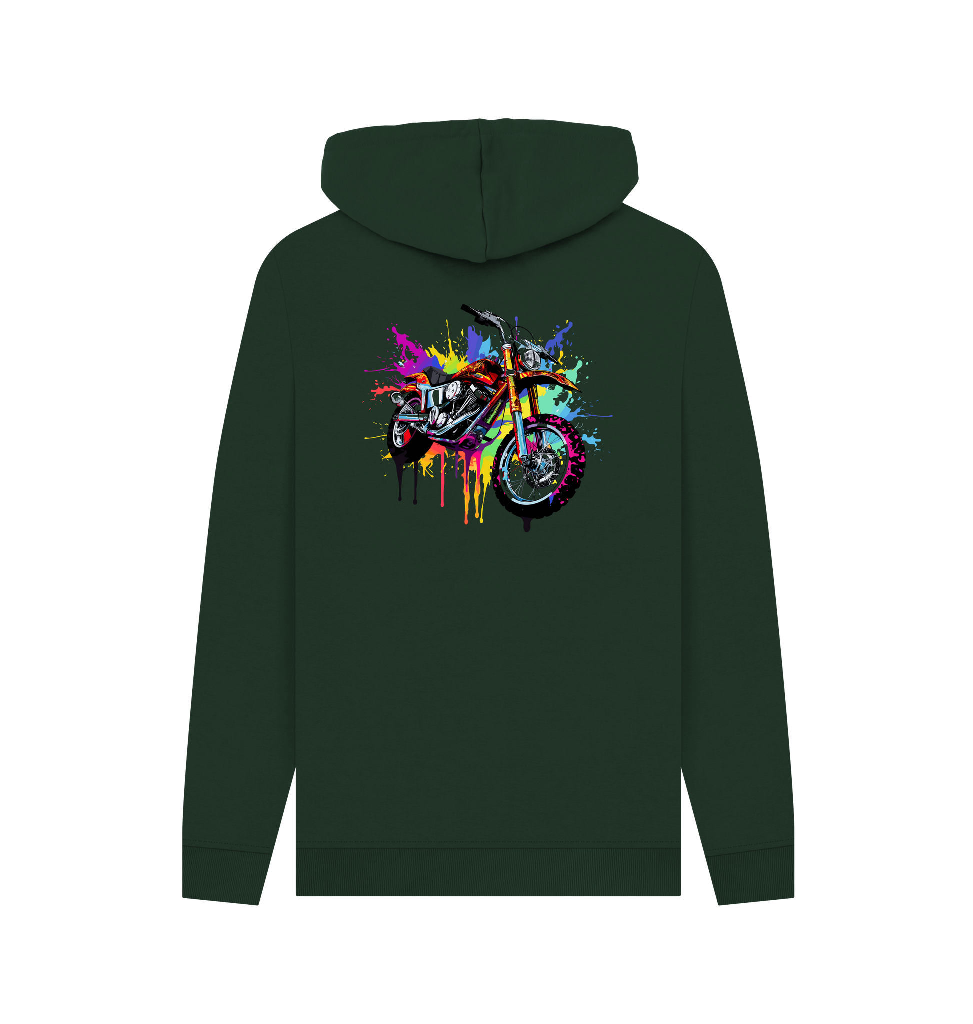 Dark green hoodie with colorful motorcycle graphic