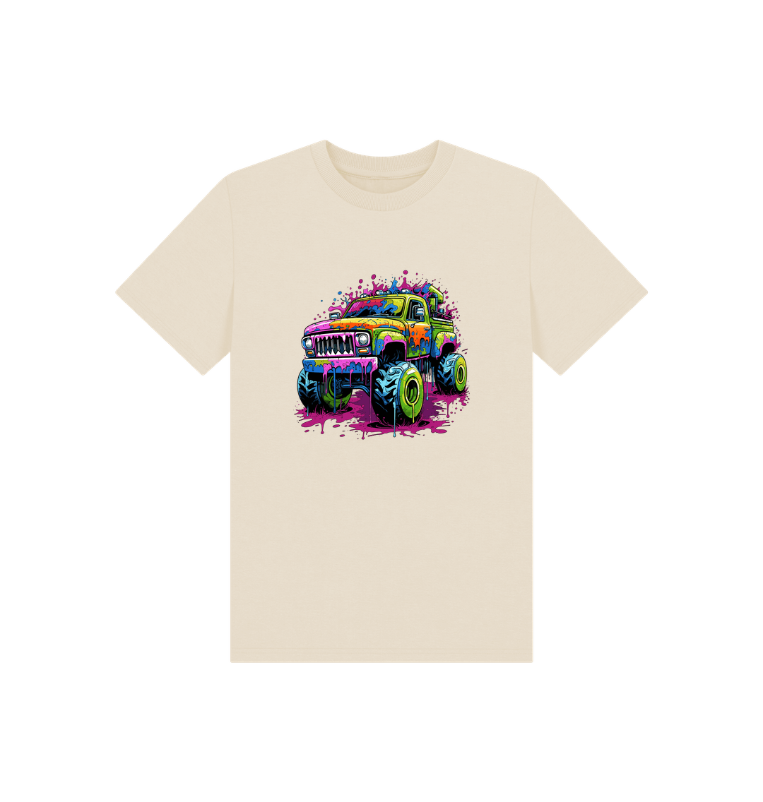 Cream t-shirt with colorful monster truck graphic