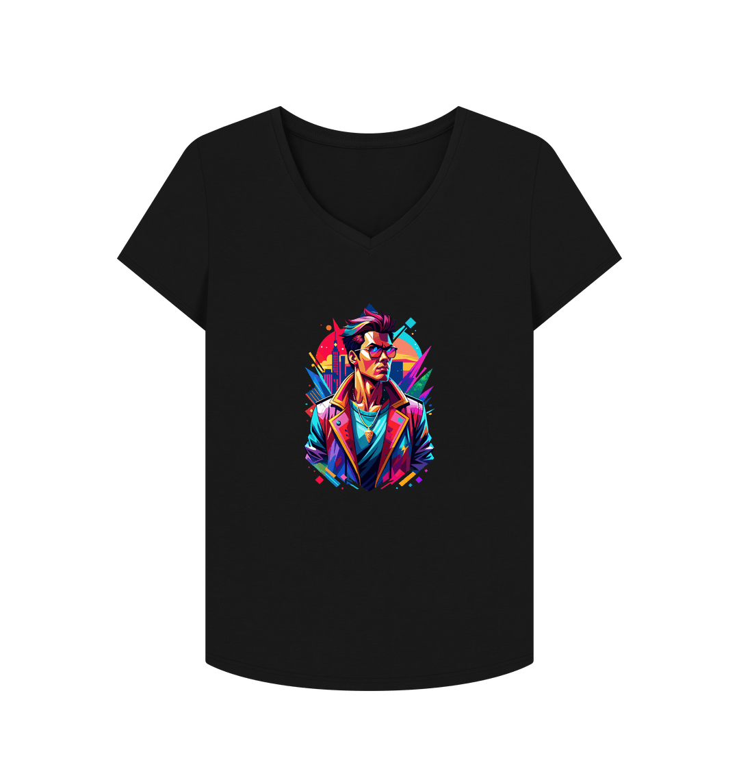 Black V-neck t-shirt with colorful graphic