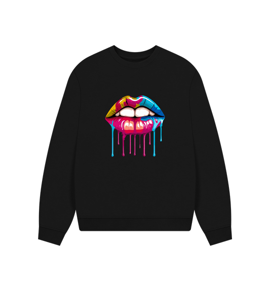 Black sweatshirt with colorful dripping lips design