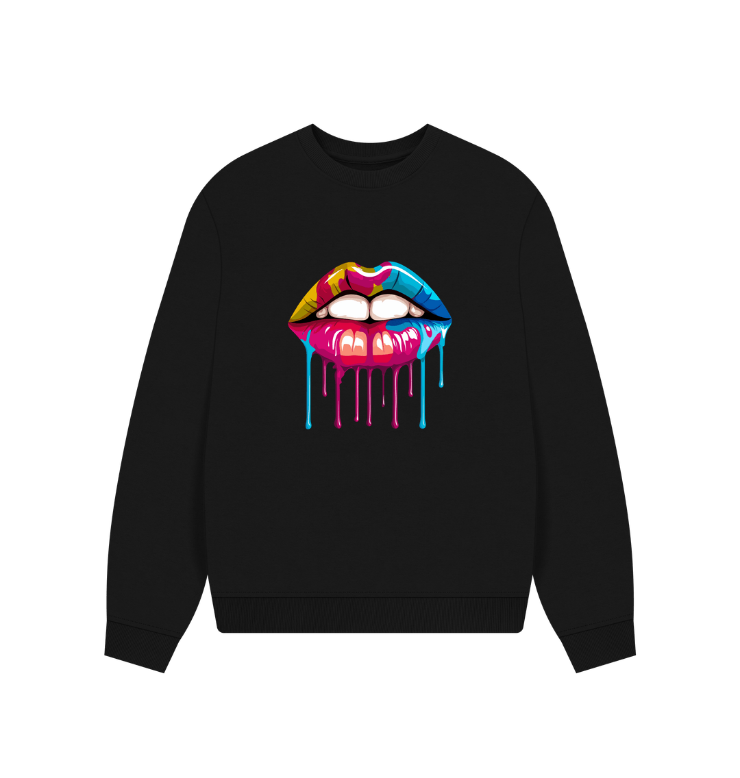 Black sweatshirt with colorful dripping lips design
