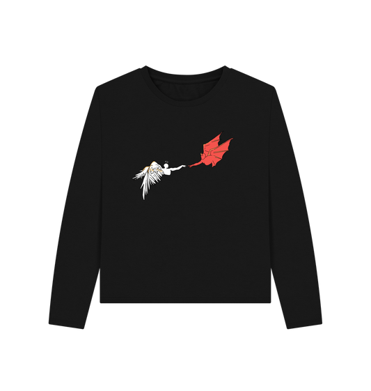 Black long-sleeved shirt with angel and devil illustration
