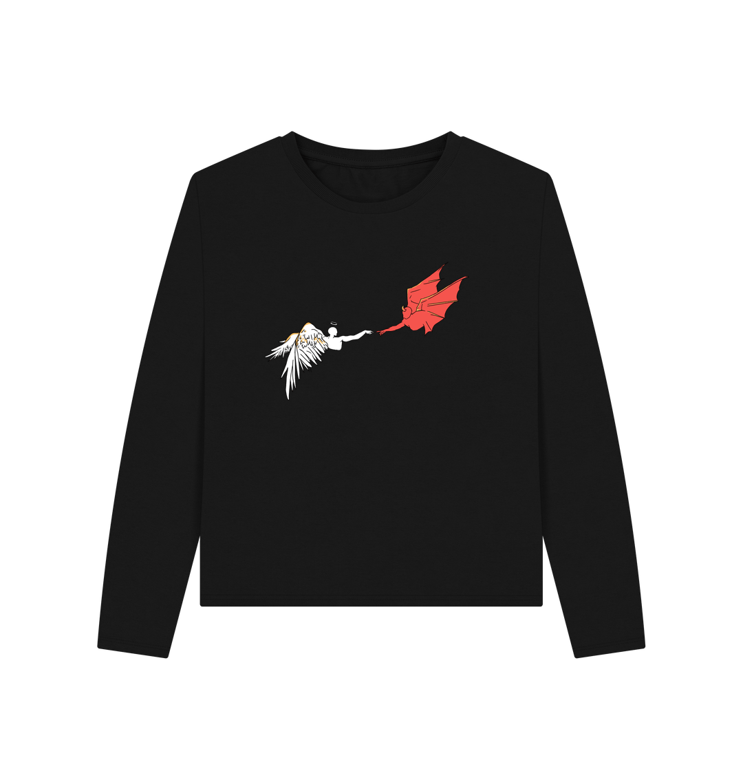 Black long-sleeved shirt with angel and devil illustration