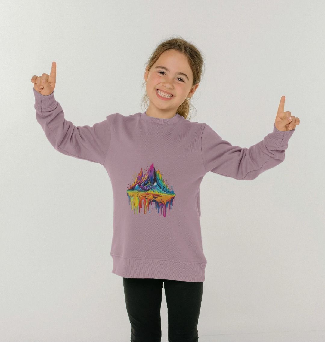 Purple sweatshirt with colorful mountain graphic (person)