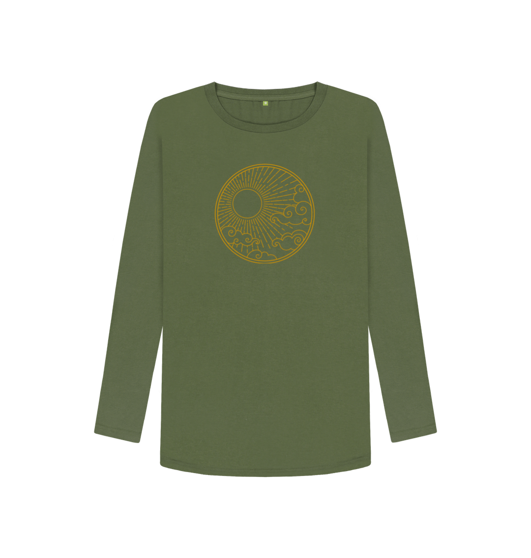 Olive green long-sleeved shirt with sun design