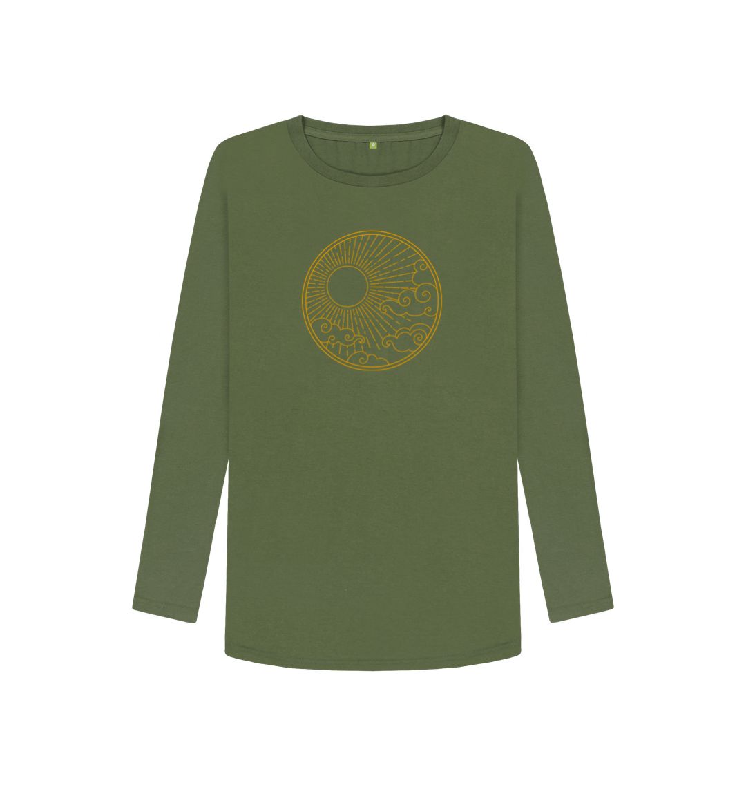 Olive green long-sleeved t-shirt with sun design