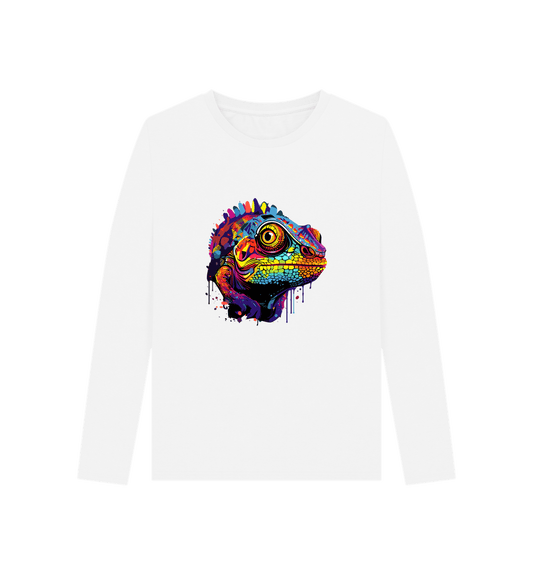 White long-sleeved t-shirt with colorful chameleon design