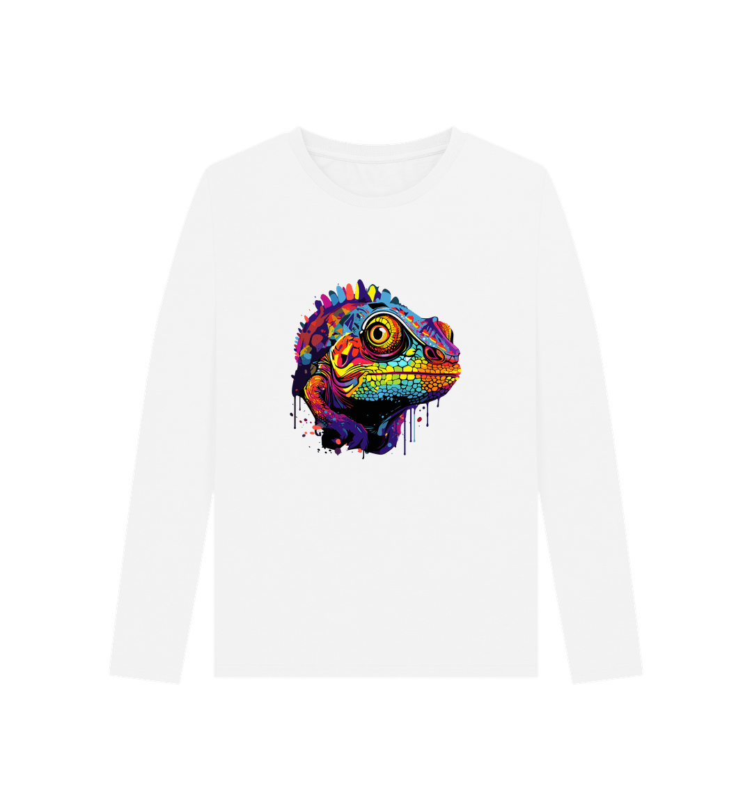White long-sleeved t-shirt with colorful chameleon design