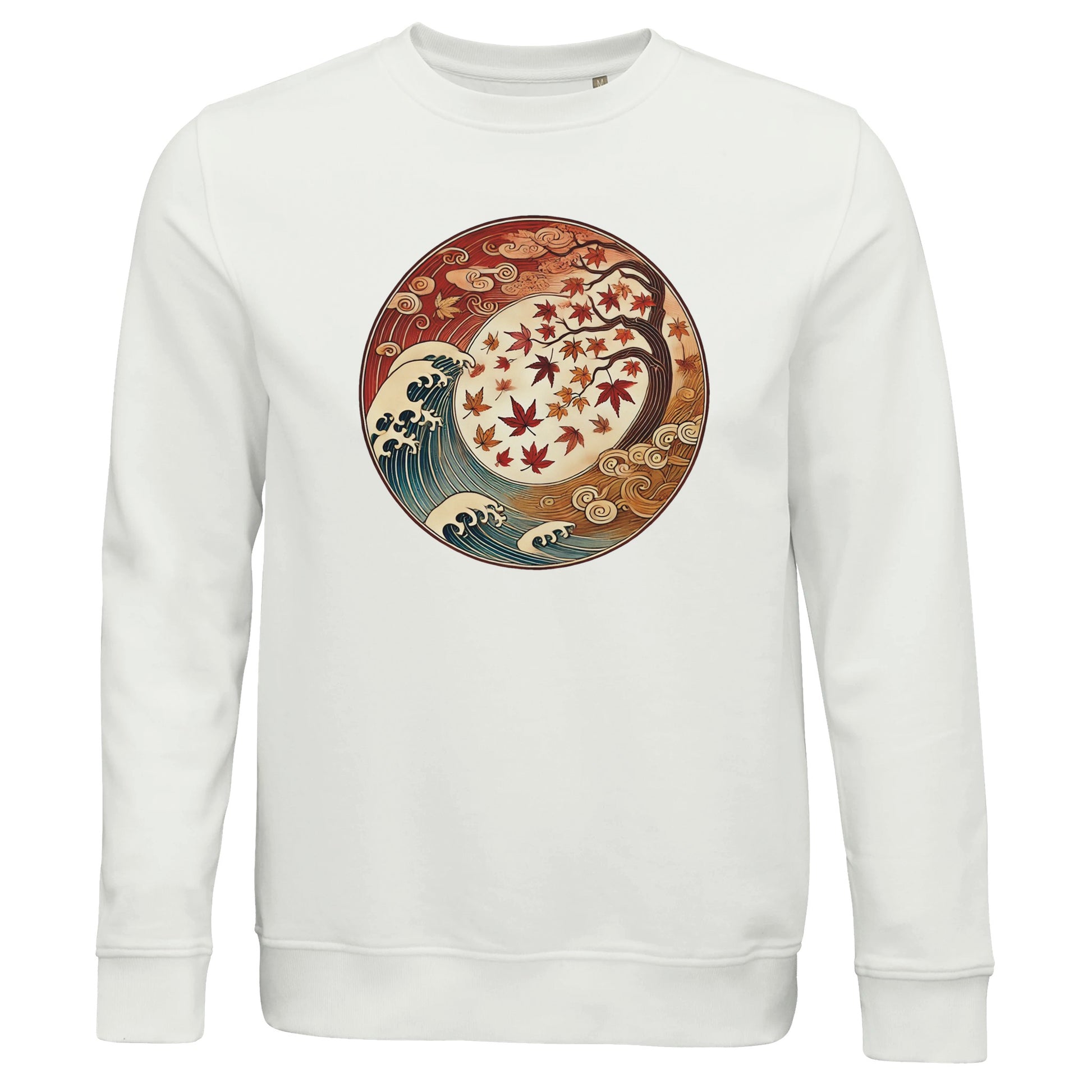 White sweatshirt with autumn-themed circular design