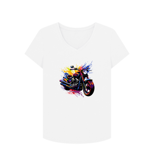 White V-neck t-shirt with colorful motorcycle graphic