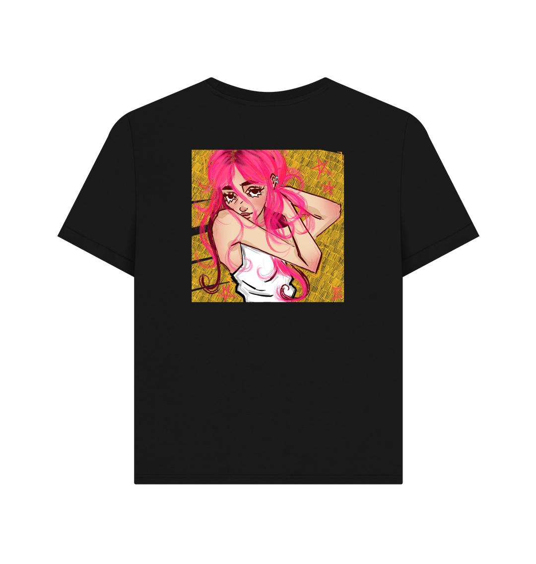 Black t-shirt with anime-style girl graphic