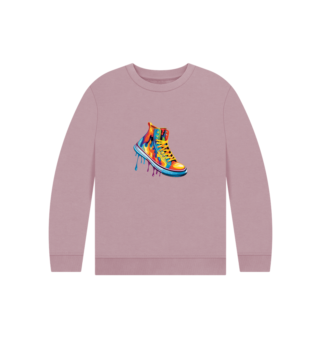 Pink sweatshirt with colorful shoe graphic