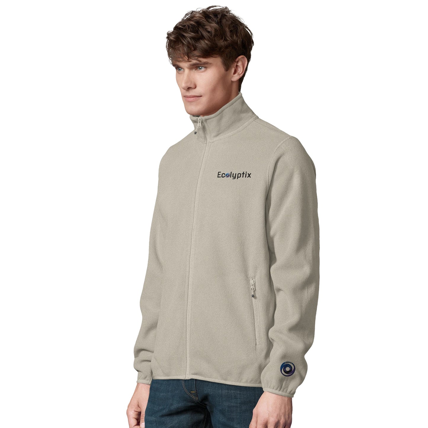 Beige fleece jacket with "Ecolyptix" logo (person)