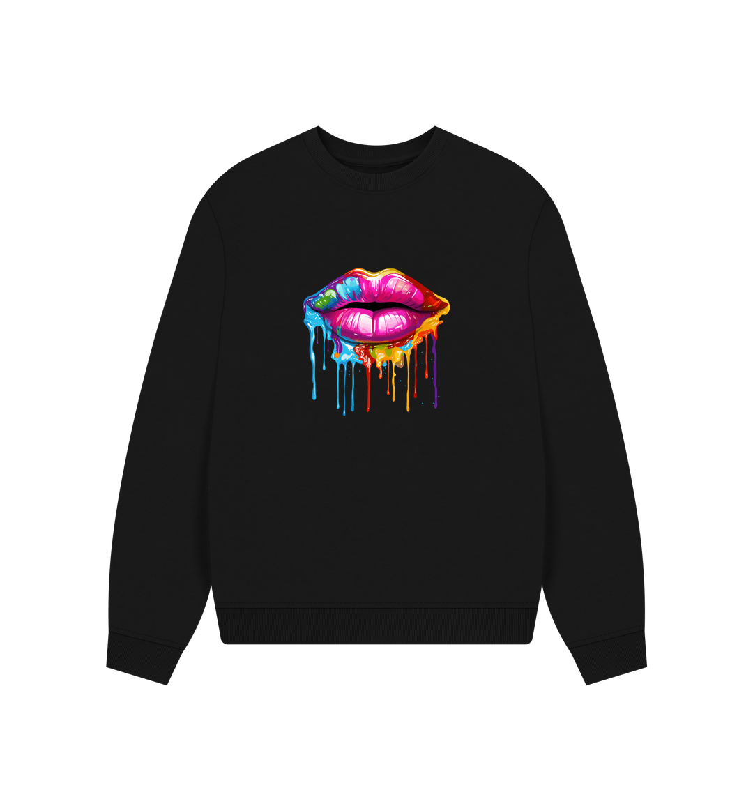 Black sweatshirt with colorful dripping lips design