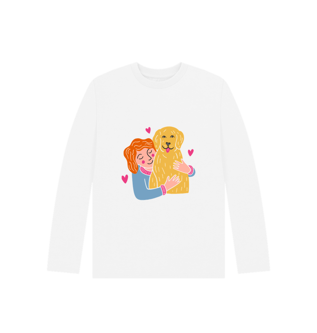 White long-sleeved t-shirt with girl and dog illustration