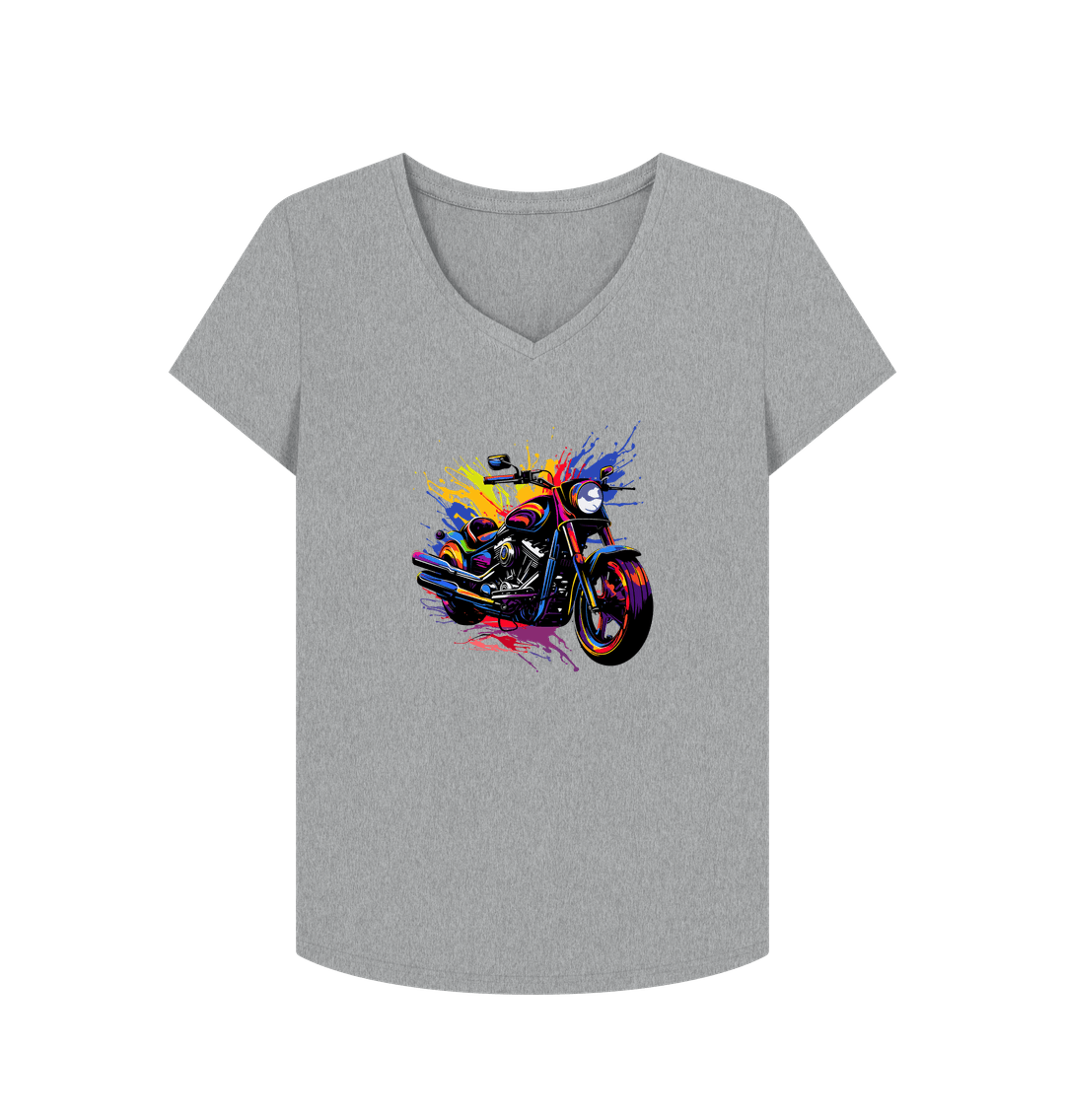 Gray V-neck t-shirt with colorful motorcycle graphic