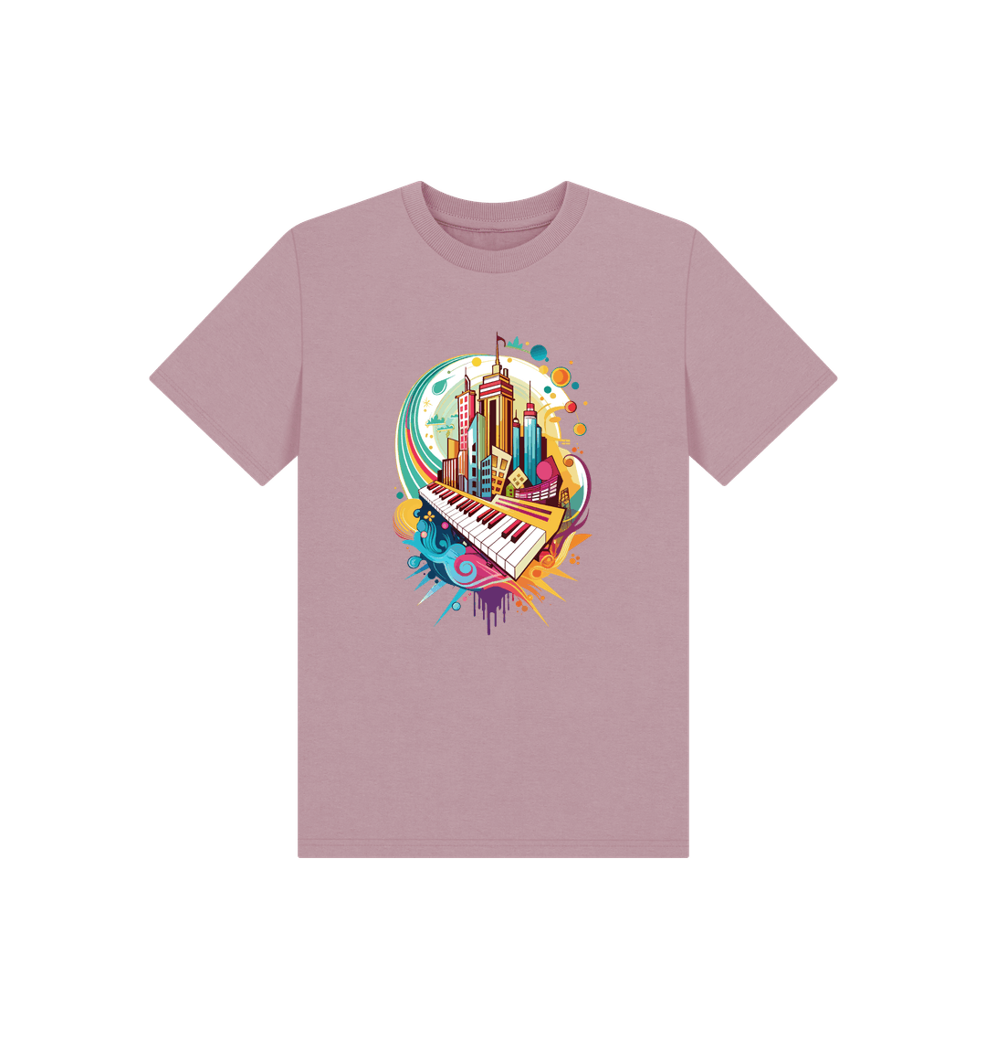 Pink t-shirt with cityscape and piano graphic
