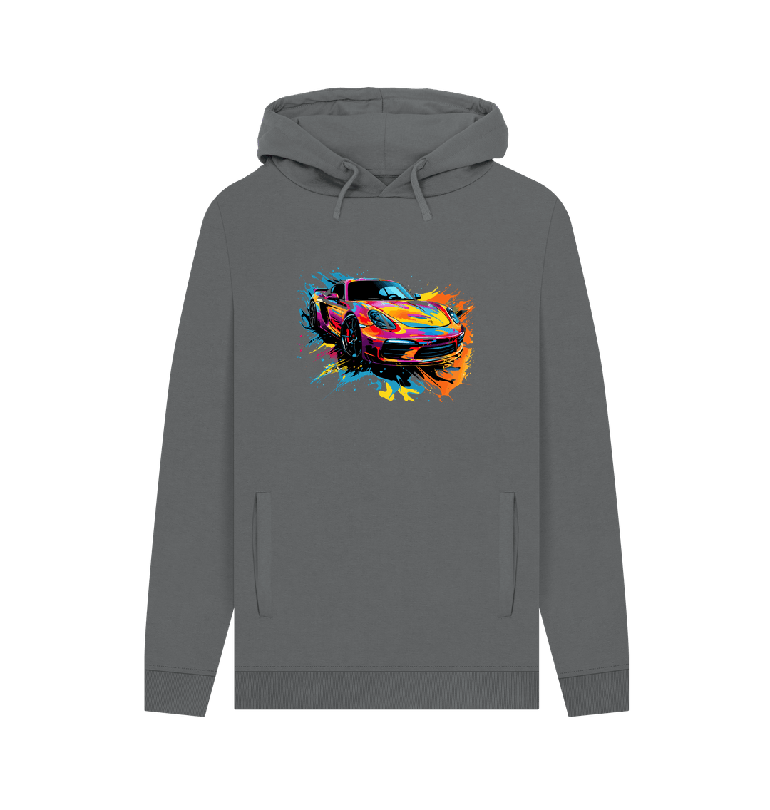 Gray hoodie with colorful car graphic