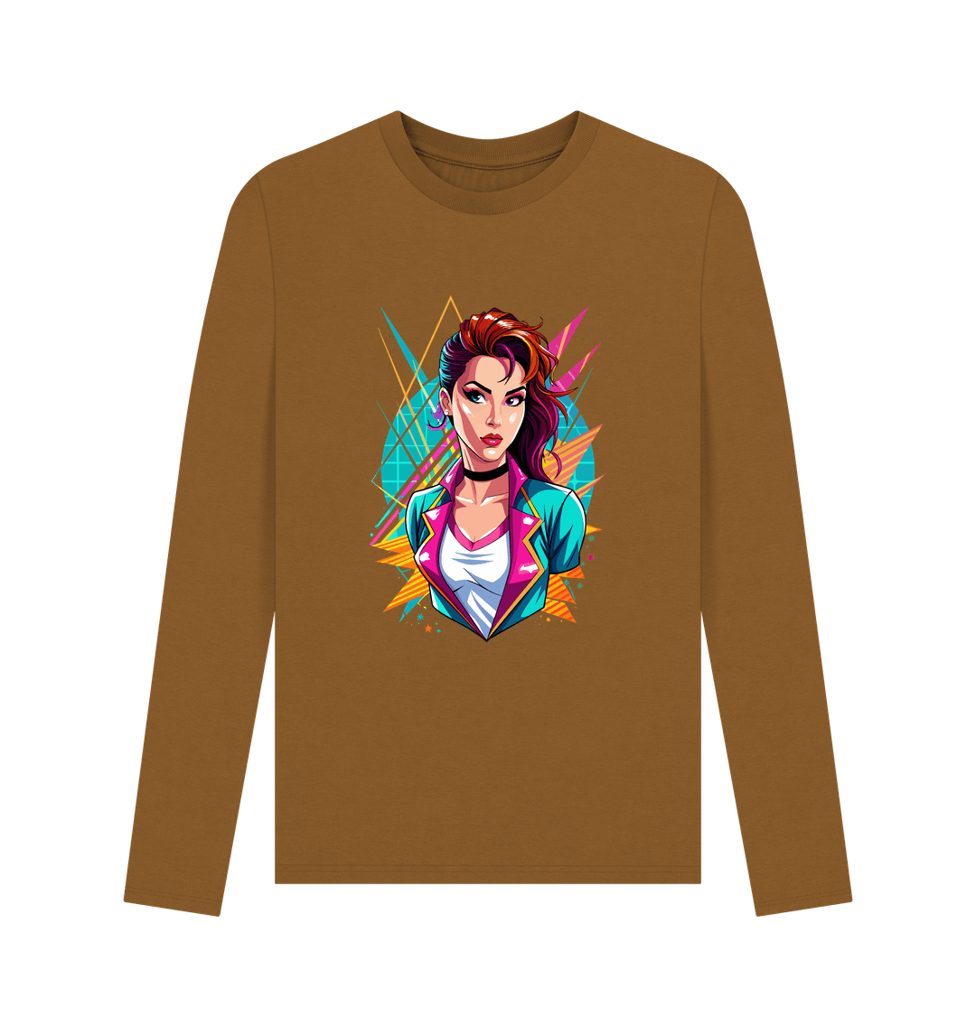 Brown long-sleeved t-shirt with graphic design