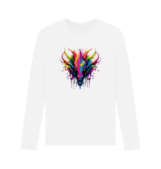 White long-sleeved t-shirt with colorful dragon design