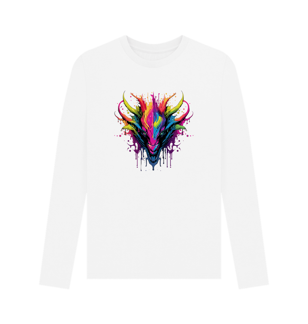 White long-sleeved t-shirt with colorful dragon design