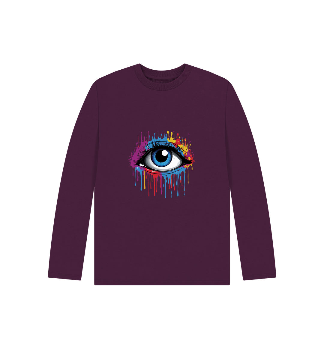 Long-sleeved maroon t-shirt with colorful eye graphic
