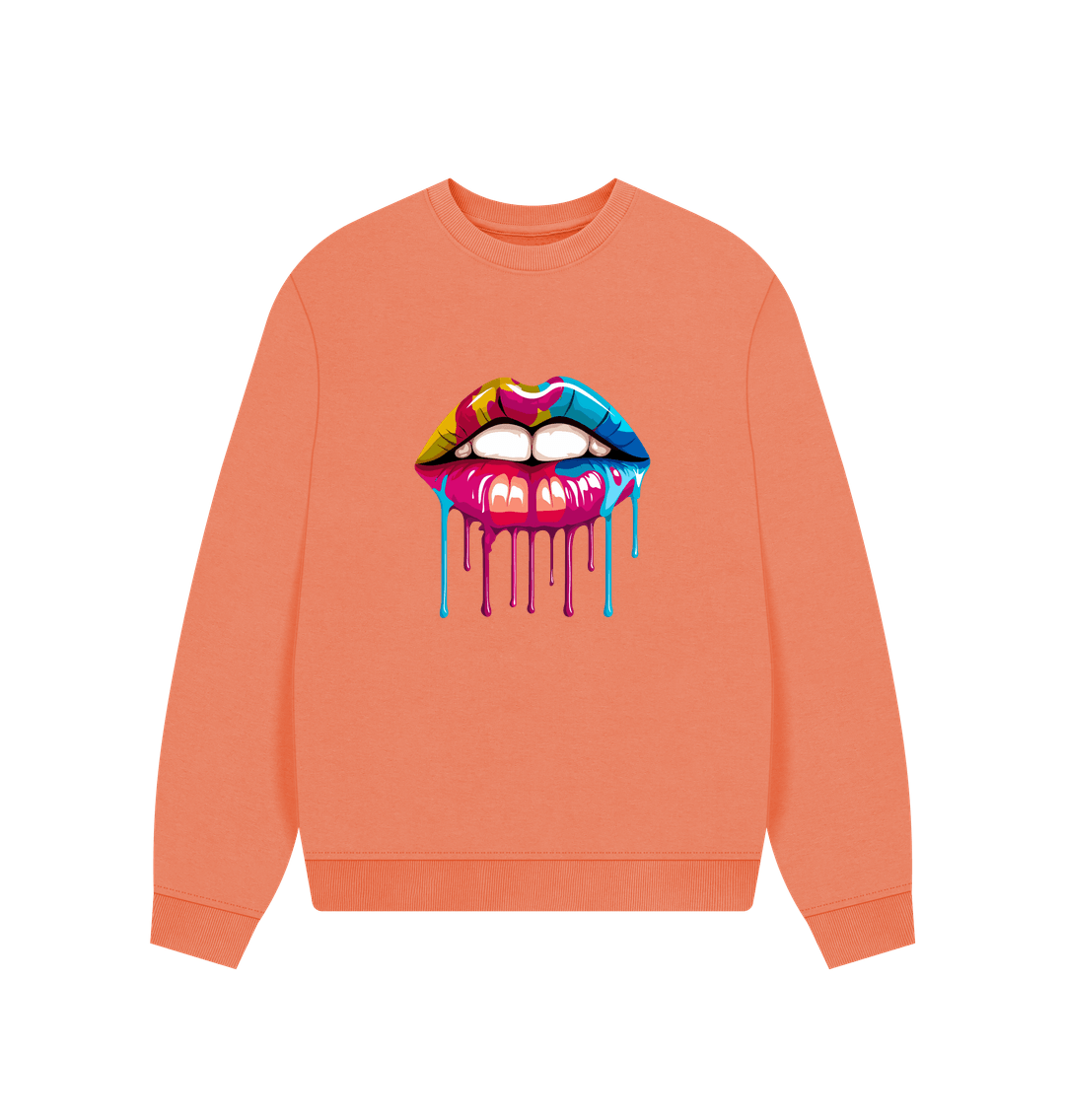 Orange sweatshirt with colorful dripping lips design