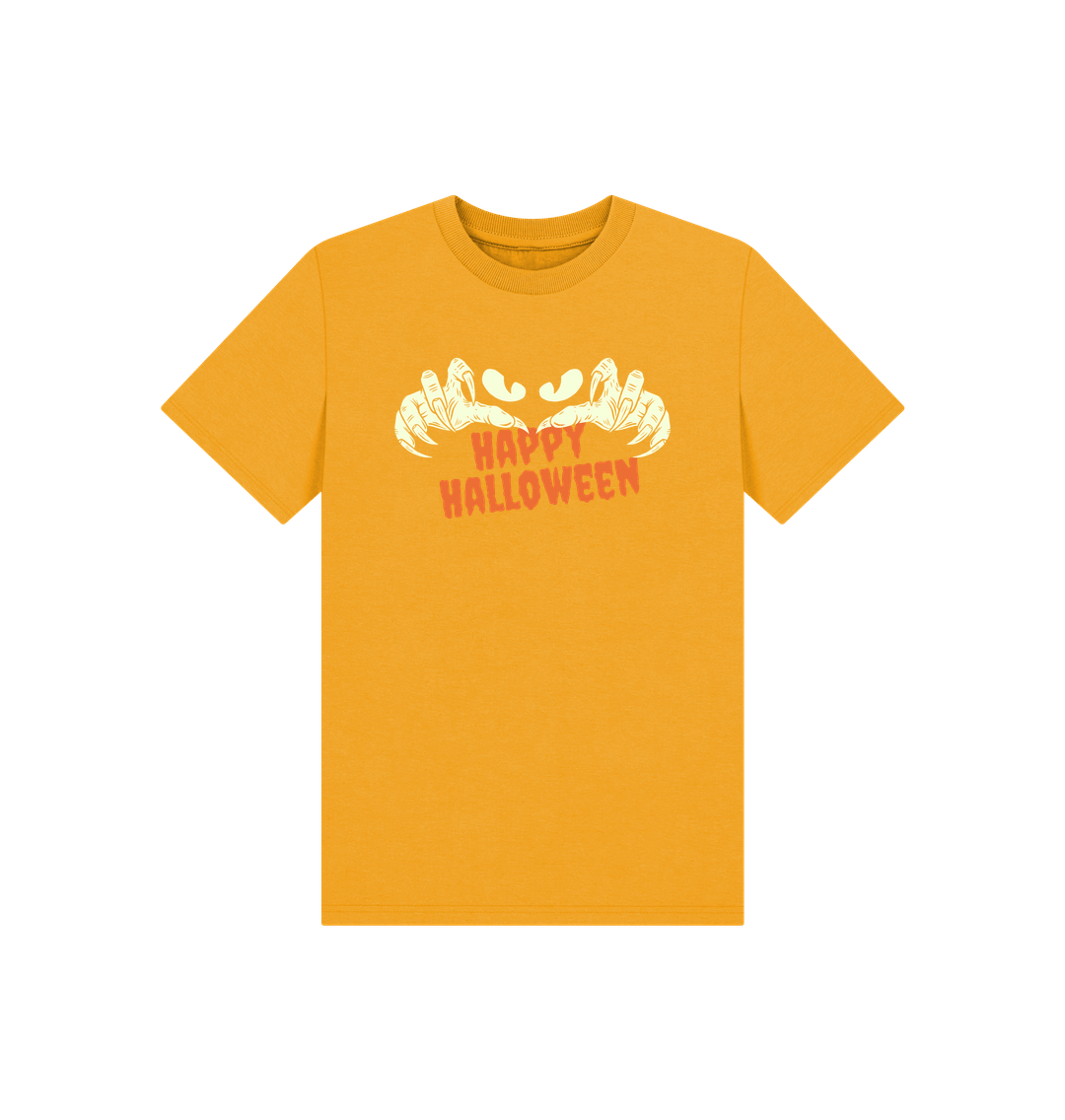 Yellow t-shirt with "Happy Halloween" text and ghost hands