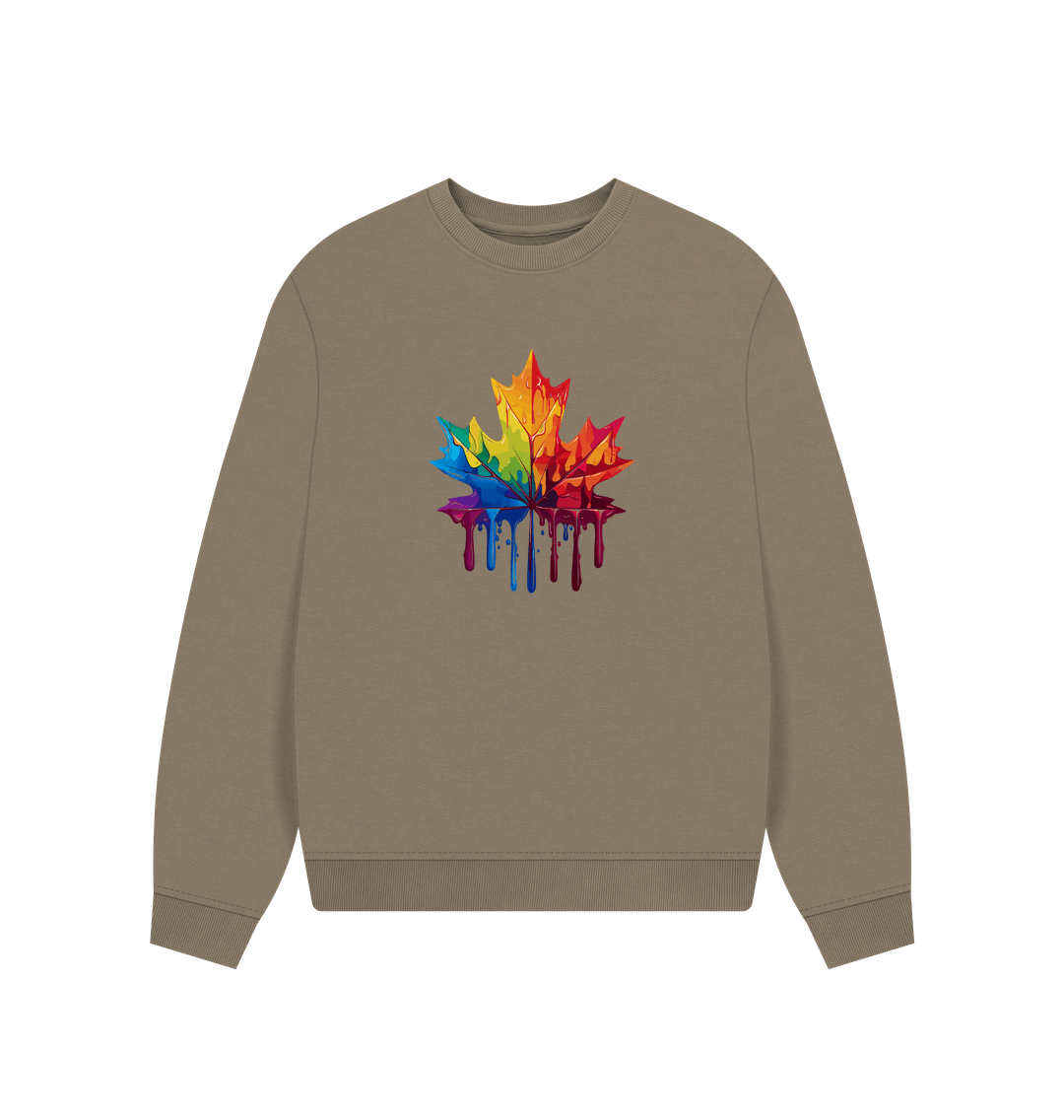 Brown sweatshirt with colorful dripping leaf design