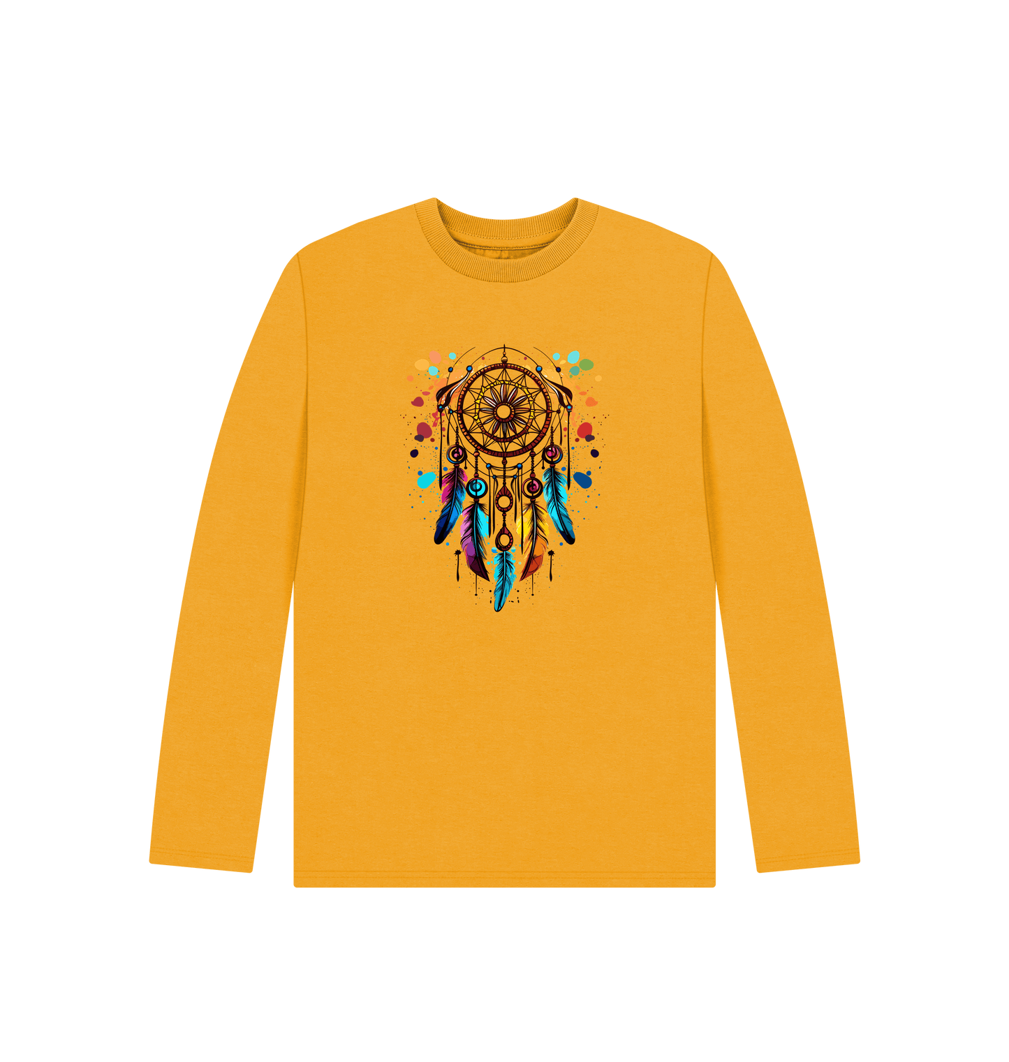 Yellow long-sleeved t-shirt with dreamcatcher design