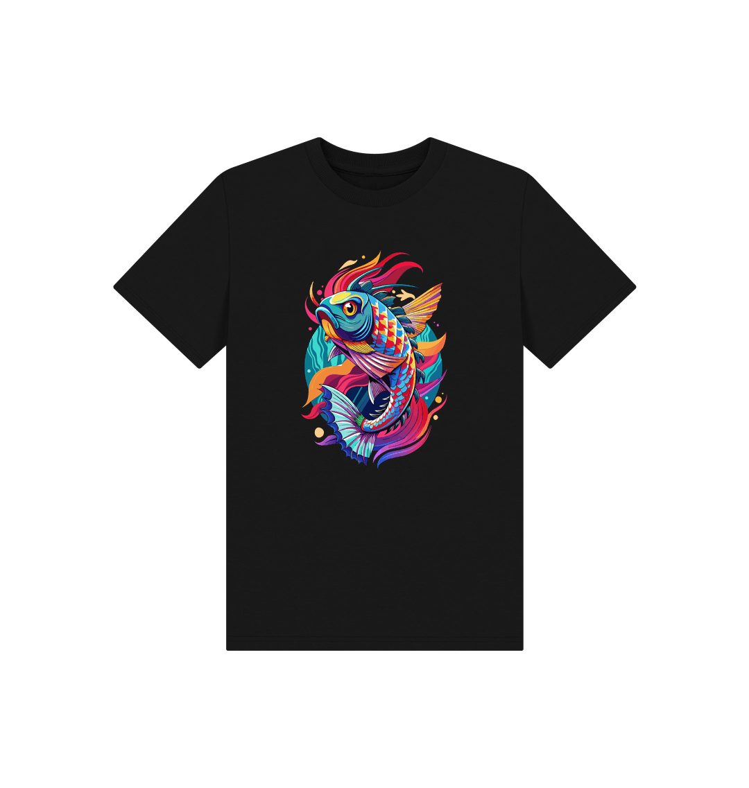 Black t-shirt with colorful fish design