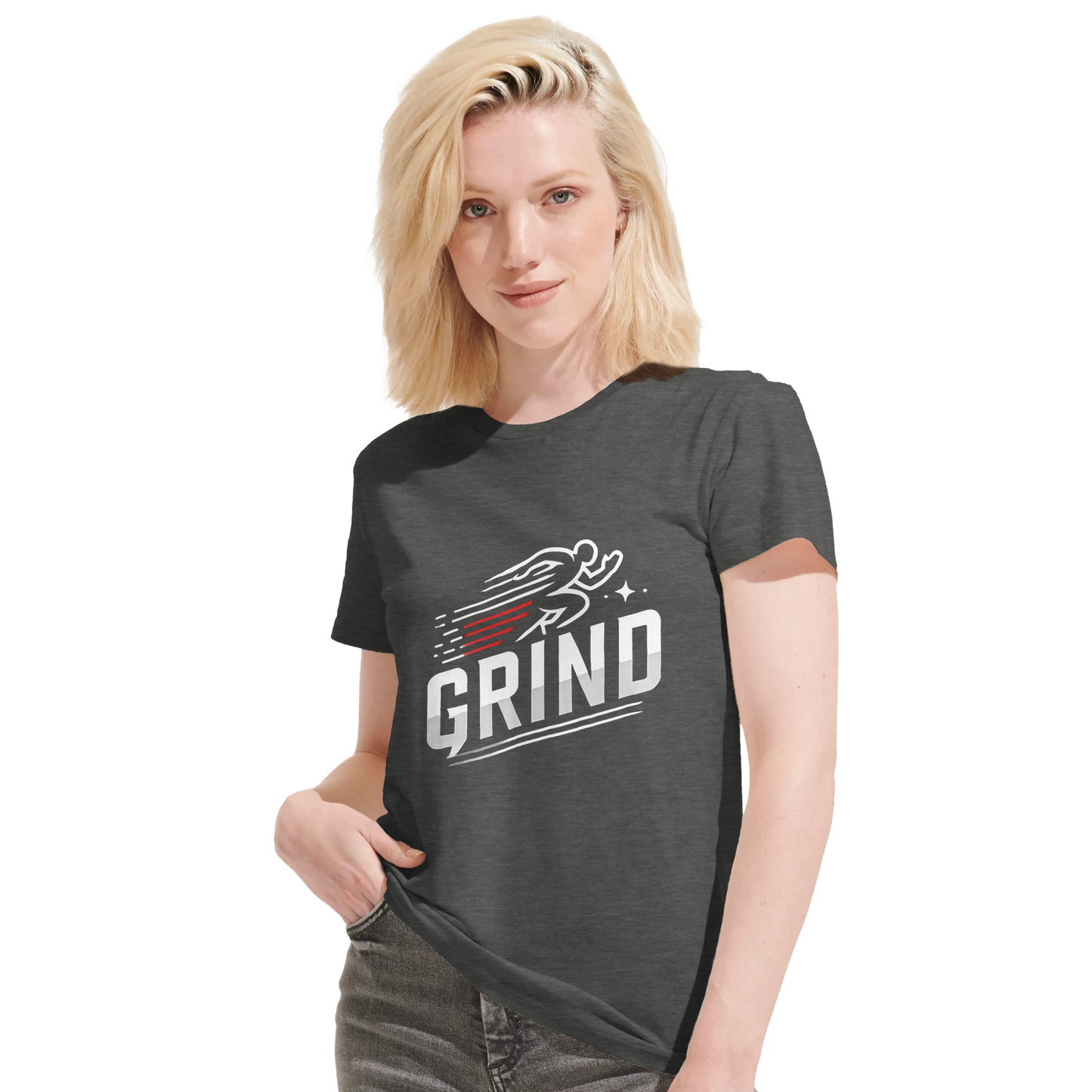 Dark gray t-shirt with "GRIND" graphic (person)
