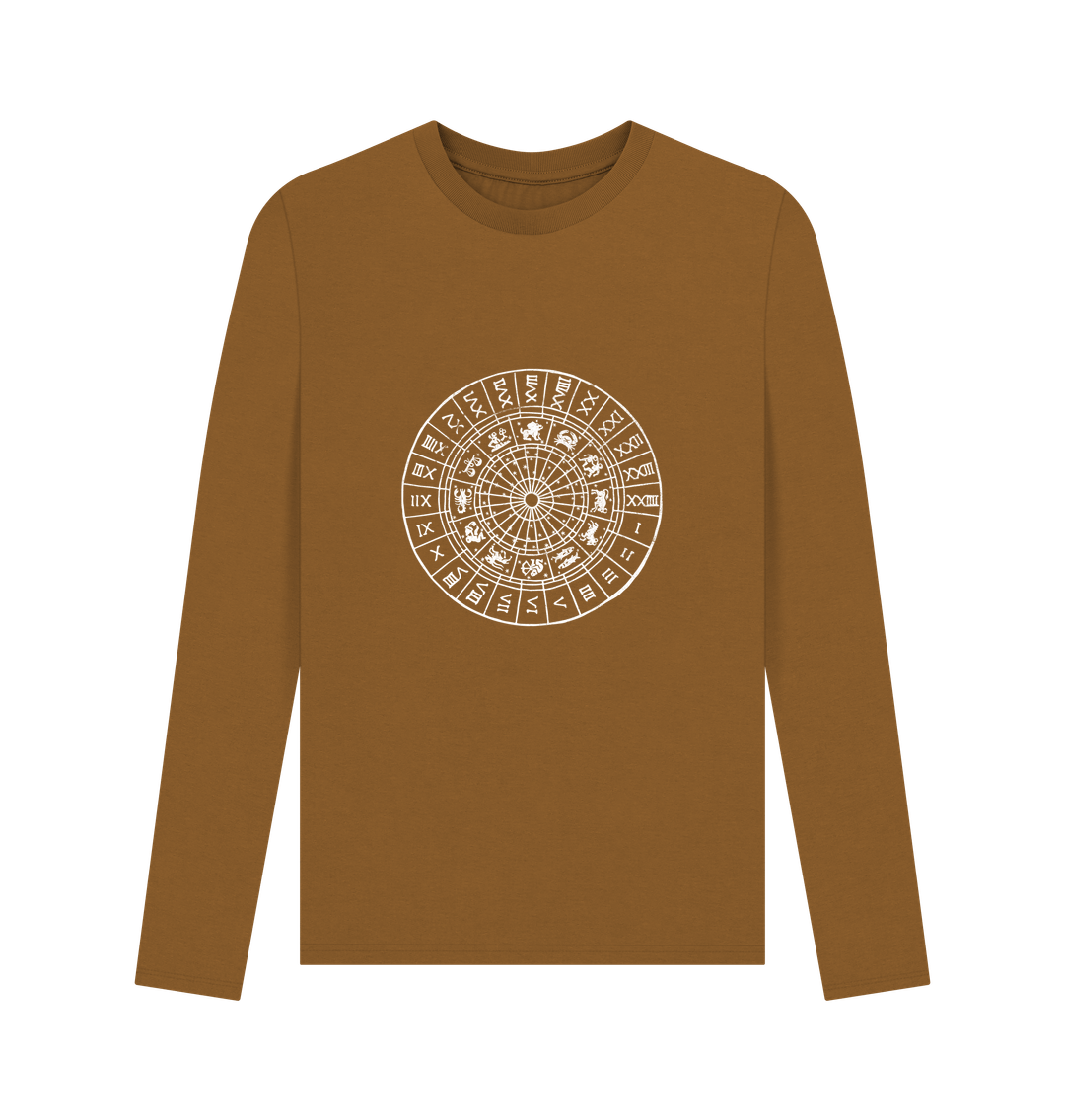 Brown long-sleeved t-shirt with zodiac wheel design