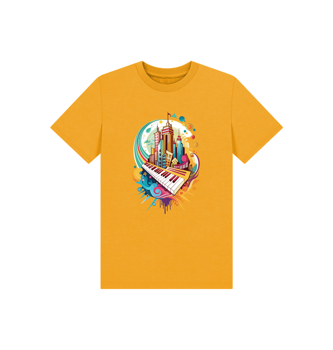Yellow t-shirt with colorful cityscape and piano graphic