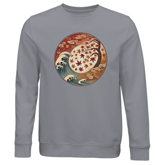 Gray sweatshirt with autumn-themed graphic