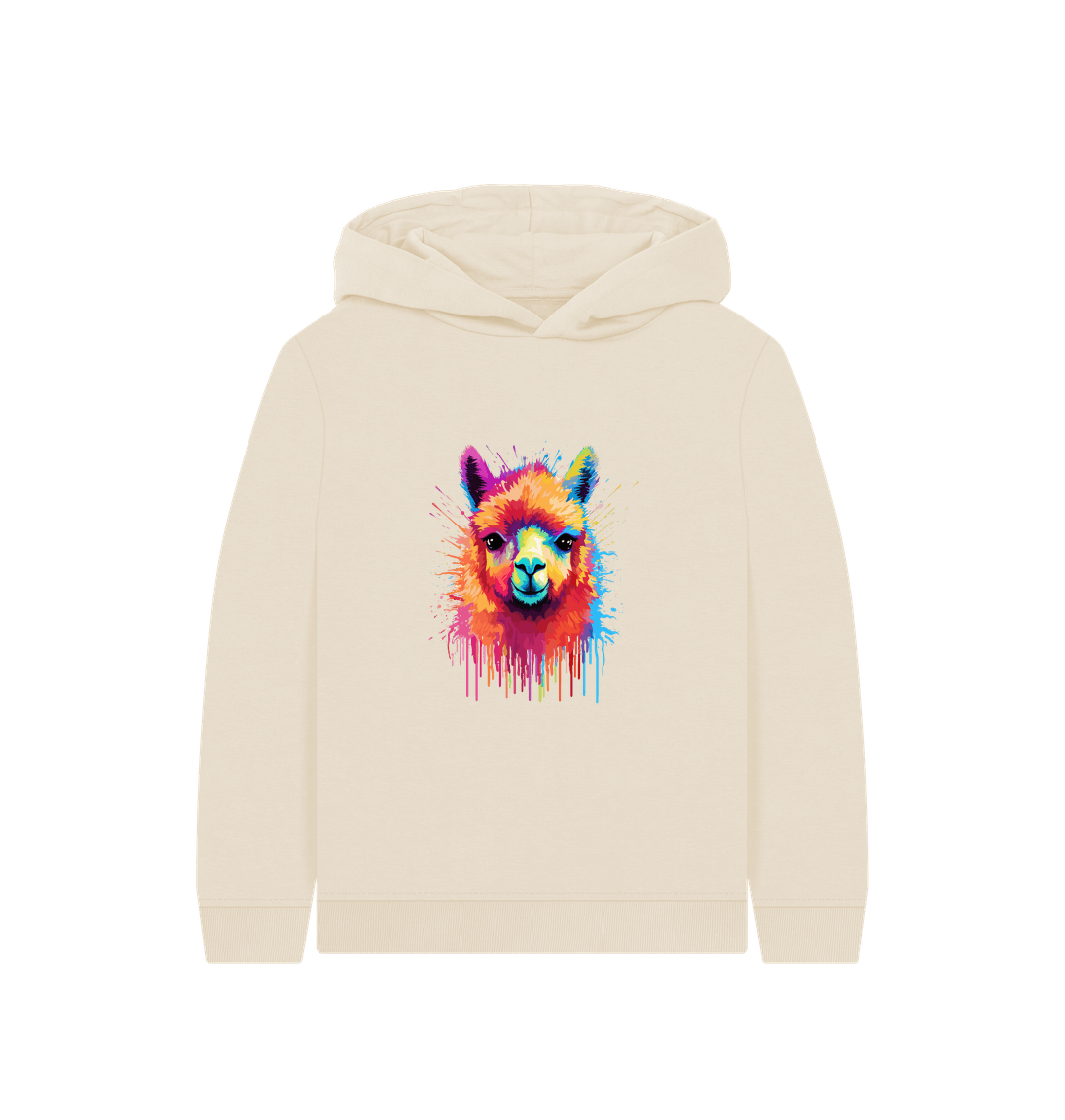 Cream hoodie with colorful llama graphic